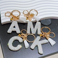 Porte-clés Bling en strass avec 26 lettres, breloque abeille et pompon, anneau porte-clés initial en cristal pour décoration de sac à main femme