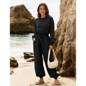 Combinaison décontractée pour femmes, manches longues, col rond, jambes larges, taille à cordon de serrage avec poches, tenue toutes saisons - Product Image 2
