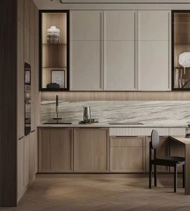 Vermonhouzz Armoires <span class=keywords><strong>de</strong></span> <span class=keywords><strong>cuisine</strong></span> modernes sur mesure en <span class=keywords><strong>bois</strong></span> naturel bicolore et gris mat avec <span class=keywords><strong>plan</strong></span> <span class=keywords><strong>de</strong></span> <span class=keywords><strong>travail</strong></span> en pierre veinée <span class=keywords><strong>de</strong></span> marbre - Product Image 1