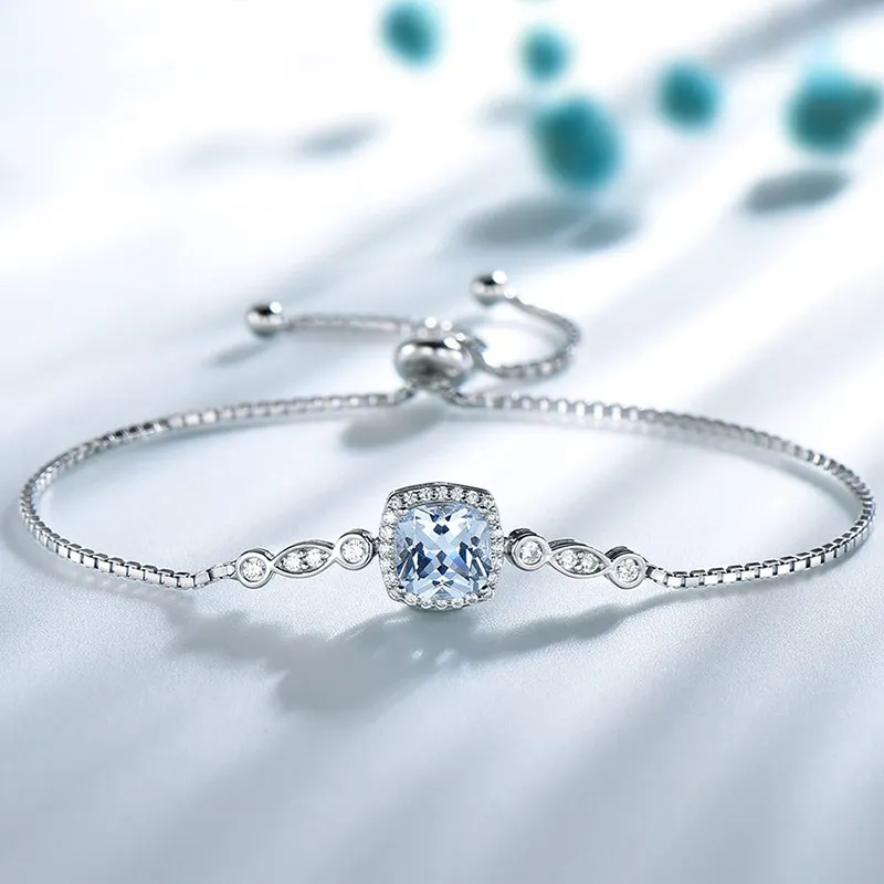 Pabrik Perhiasan MOYU Grosir Emas Putih 925 Perak Murni Dibuat Biru Topaz Batu Zirkon Gelang untuk Wanita