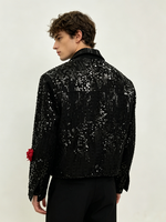 Blouson Bomber Décontracté de Luxe Personnalisable ODM Noir à Motifs Floraux 3D Rose Menthe pour Hommes – Idéal pour Soirées et Scènes