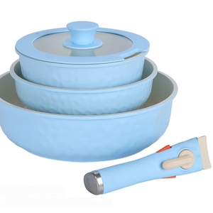 Batterie de cuisine en aluminium antiadhésif pour induction avec revêtement extérieur rose bleu et vert et couvercle en verre de silicone 5pcs - Product Image 5