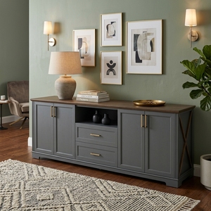 Meuble TV scandinave en bois massif avec tiroirs, console rustique industrielle à 4 portes pour salon - Product Image 2