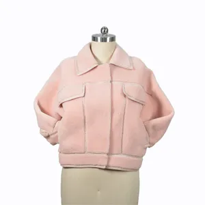 Japan Style Long Sleeve Pocket Soft Cozy Plush Pink Winter Wool Blend Coats For Women