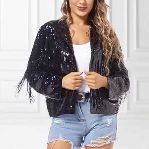 Custom Popular Women <strong>Jackets</strong> <strong>Sequin</strong> Embroidery Long Sleeve and <strong>Silver</strong> Golden Reflective Tassel Fringe Sleeves <strong>Sequin</strong> <strong>Jacket</strong> - Product Image 6