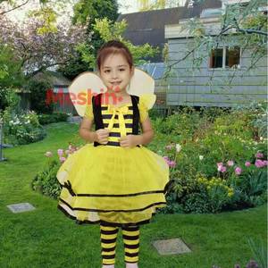 Costume d'abeille rayé noir et jaune MS avec ailes de fée et jupe tutu pour filles, robe de princesse fantaisie pour Halloween, tenue de scène imprimée pour enfants - Product Image 1