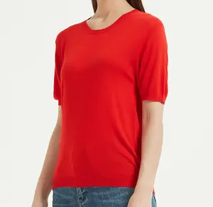 थोक एक टुकड़ा MOQ महिलाओं के लिए 85% बांस 15% कश्मीरी ठोस रंग लघु आस्तीन स्वेटर बुना हुआ टी शर्ट महिलाओं के लिए 2024