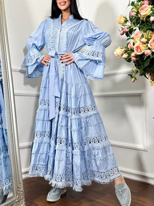 Y0511 Abito Lungo Stile Retrò Francese per Donne, Moda Estiva Casual con Allacciatura in Vita, Design Ricamato, Maniche a Campana, Tinta Unita - Product Image 2