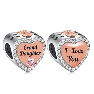 Kualitas Kedatangan Baru 925 Perak Murni Bunga Mawar Hati Zirkon Ibu Aku Mencintaimu Manik-manik Pesona untuk Pembuatan Perhiasan Gaya Pandora