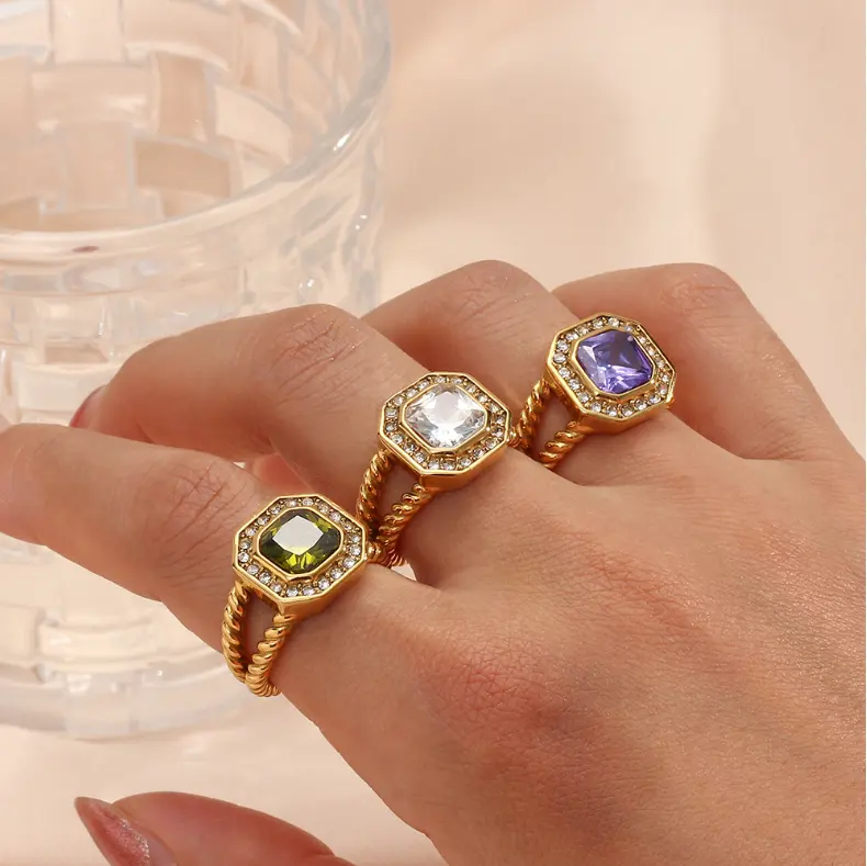 2023 Fine Jewelry Wholesale Price Gold Plated Stainless Steel Gemstone Rings for Women