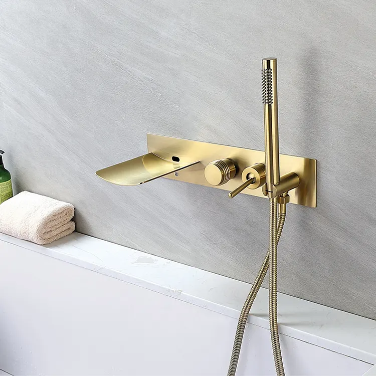 Self Closing Wastafel Mixer Keran Memperbaiki Wall Mounted Bathtub Faucet Brushed Gold dengan Hand Shower