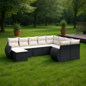 Set divano da giardino in rattan bianco crema e nero, 6 posti, mobili da esterno, design contemporaneo - Product Image 2