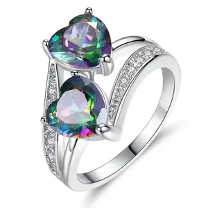 Popular Colorful Double Heart Shaped Zircon Ring Gold Silver Band Created Mystic Rainbow Topaz Double Heart Promise Ring