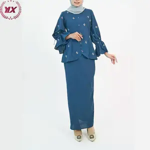 2023 Fashion Newest Islamic Clothing Ladies Cotton Blue Fabric Embroidery Slim Fit Baju Kurung Model Malaysia Modern