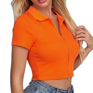 Top Corto da Donna in Maglia a Costine con Colletto e Zip, Casual, Alta Qualità, Primavera-Autunno, Arancione, Aderente - Product Image 3
