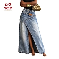 Nouvelle jupe longue en jean asymétrique à panneaux superposés effet délavé avec fente avant pour femme, collection 2026