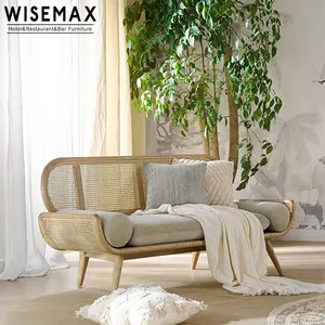 WISEMAX FURNITURE Wooden curved design sofa chairs soft sponge rattan sofa for single/double/three seat