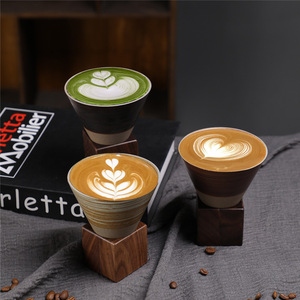 MSH Creative Mug à café <span class=keywords><strong>en</strong></span> poterie rustique vintage avec base <span class=keywords><strong>en</strong></span> <span class=keywords><strong>bois</strong></span>, tasse à <span class=keywords><strong>latte</strong></span> art <span class=keywords><strong>en</strong></span> forme d'entonnoir, mug à eau pour la maison - Product Image 4