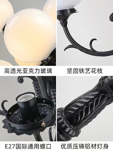 เสาไฟสวนเหล็กกลางแจ้ง หลอดไฟ LED พร้อมโคมแก้ว แสงวอร์มไวท์ 2700K IP66 หลอดไฟ A19 แบบไม่ถอดได้ ใช้ไฟ AC 220V พลังงานแสงอาทิตย์ พร้อมเซ็นเซอร์ตรวจจับความเคลื่อนไหว - Product Image 5