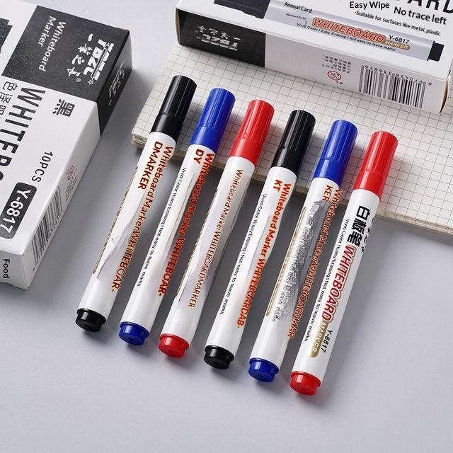 Whiteboard Pen Large Capacity Water-based Erasable Easy Write Red Blue Black Ink for Whiteboard & Blackboard 10 Pcs/Box