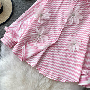 Camisa de Mujer con Solapa y Flores, Blusa Holgada a Rayas, a la Moda - Product Image 6