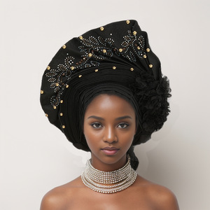 Pañuelo para la Cabeza Africano Musulmán de Lujo para <span class=keywords><strong>Mujer</strong></span>, Modelo 2025, Estilo Nigeriano Aso Oke, Pre-Hecho, Liso con Pedrería, Ajustable - Product Image 5