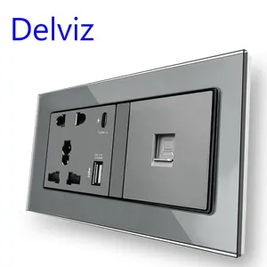 Delviz Muur 2a Usb-Poort Universeel 13a Stopcontact, Kristallen Glazen Paneel, Type C Smart Snel Opladen, Rj45 Computer Interface Socket