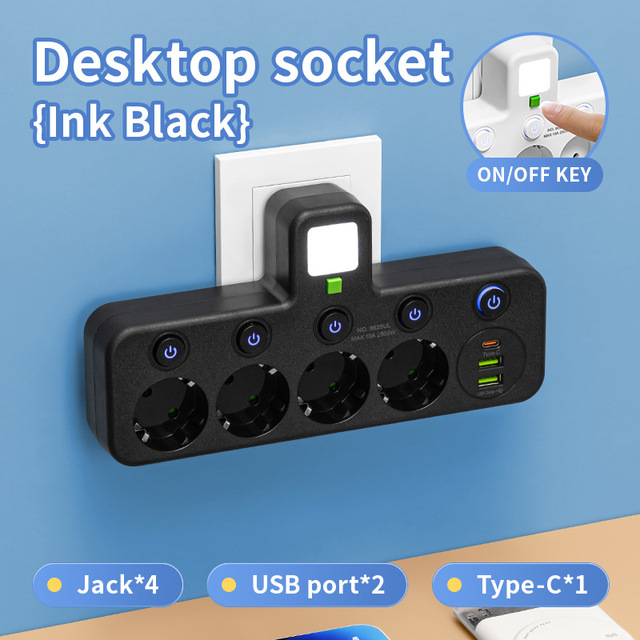 EU Plug Wall Power Strip with 4 AC Sockets & USB-C Fast Charging,Individual Switches,Space Saving No-Cord Design for Home Office