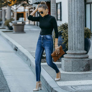 Pantalon en <span class=keywords><strong>jean</strong></span> skinny crayon long bleu foncé élégant décontracté extensible taille mi-haute de haute qualité à <span class=keywords><strong>bon</strong></span> <span class=keywords><strong>prix</strong></span> pour femmes - Product Image 5