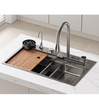 Robinet d'évier de cuisine moderne noir en acier inoxydable 304 avec cascade nano faite à la main