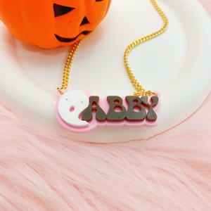 Collana in Acrilico Personalizzata con Nome per Halloween, Ciondolo a Forma <span class=keywords><strong>di</strong></span> Pipistrello o Fantasma con Catena Cubana, Gioielli Personalizzati per Ragazze - Product Image 5