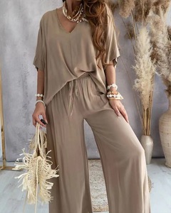 En stock pour sites indépendants transfrontaliers 2025v Ensemble pantalon décontracté ample à jambes larges pour <span class=keywords><strong>femme</strong></span>, manches chauve-souris, polyester/coton, court - Product Image 2