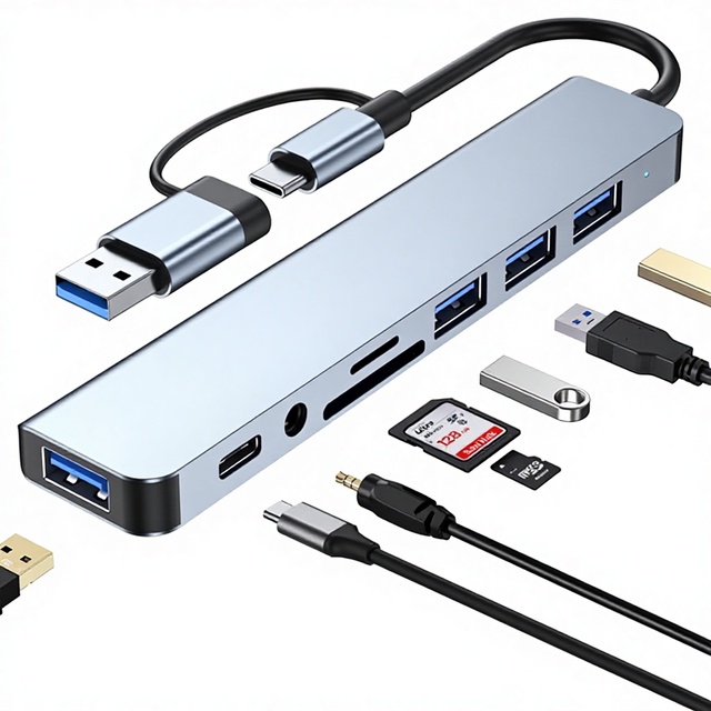 USB-C Hub 3.0 Aluminum 8-Port Extender with SD/TF Card Reader & 3.5mm Aux Jack for MacBook Pro/Air & PC/Laptop/Tablet
