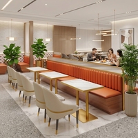 Ensemble de mobilier de restaurant moderne de luxe, tables dorées, chaises en acier inoxydable, canapé en bois pour hôtels commerciaux, cafés