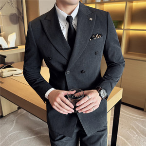 Traje de negocios de doble botonadura para hombre, conjunto de tres piezas de talla grande (chaqueta + chaleco + pantalón) para bodas, fiestas y series coreanas - Product Image 2