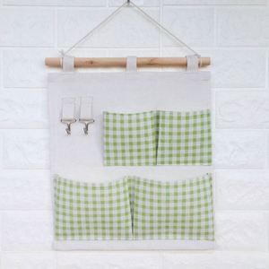 Sac à cosmétiques suspendu minimaliste en coton et lin avec 1 bâton en bois et 4 poches, ensemble de rangement mural en tissu denim - Product Image 4