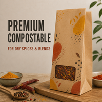 Sachet en papier kraft compostable personnalisé avec fenêtre et soufflet latéral en PLA pour épices sèches, emballage alimentaire de qualité, fabricant OEM