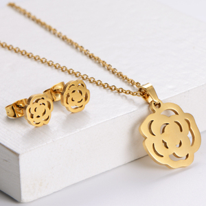 Flower Pendant Chain Necklace Earring Dubai Bridal Wedding Jewelry Sets For Women Stainless Steel Gold Jewelry Set