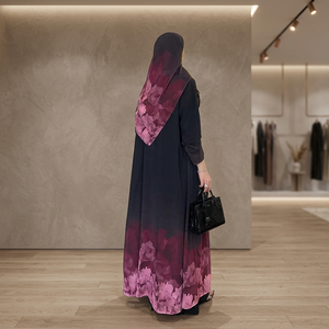 Floral Printed Abaya For <b>Women</b> Long Sleeve Modest Floor Length Black And Pink Lightweight Polyester Daily Wear Middle East Style - Product Image 2