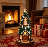 Figurine de maison de Noël lumineuse à LED avec figurine de Père Noël en résine, décoration de table pour les fêtes, pour la maison et le salon