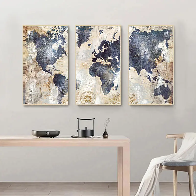 Modüler 3 paneller dünya haritası tuval üzerine baskı boyama suluboya posteri duvar sanatı resimleri için oturma odası