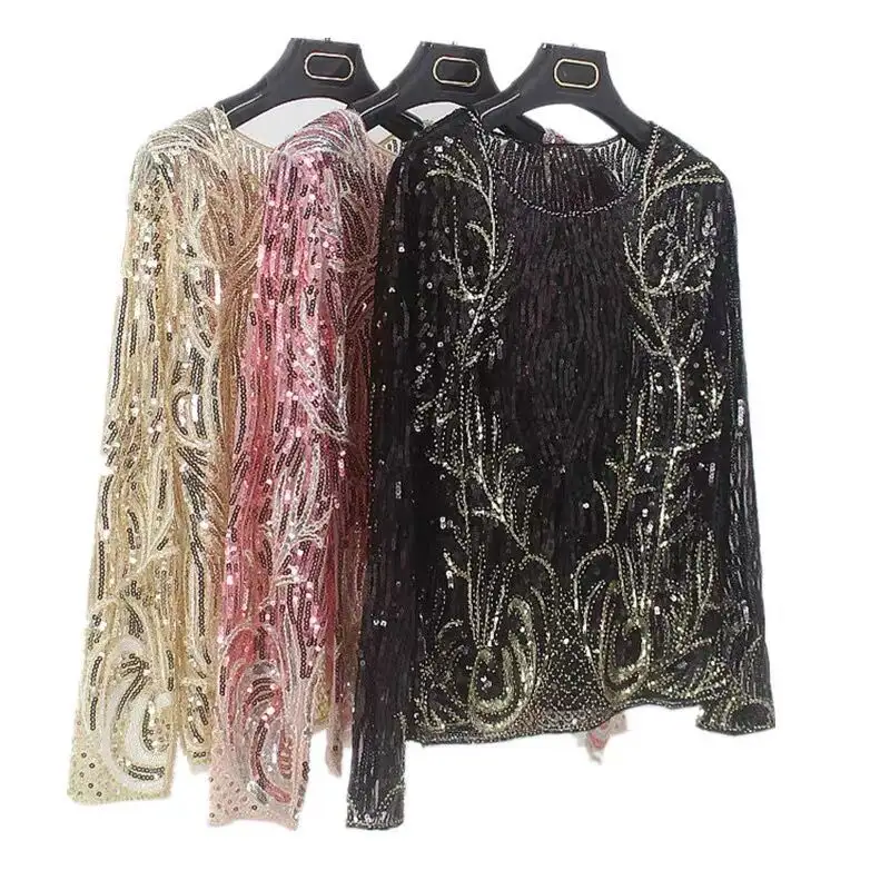 महिलाओं के लिए फैशनेबल भारी उद्योग हस्तनिर्मित मनके कढ़ाई लंबी आस्तीन सेक्विन टी-शर्ट ब्लाउज शीर्ष