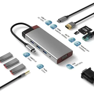 通用串行总线集线器10合1集线器类型-c至PD高清-MI USB3.0 USB2.0 * 2 SD TF RJ45 VGA音频3.5毫米