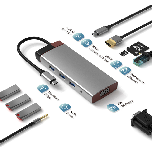 Usb c Hub 10 in 1 Hub Type-C to PD HD-MI USB3.0 USB2.0*2 SD TF RJ45 VGA AUDIO3.5mm Audio for macbook