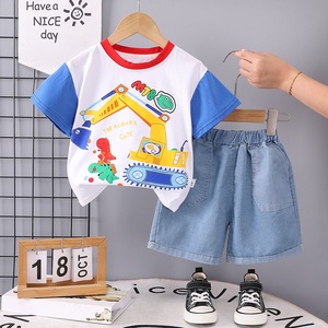 Nouvelle collection été 2026 : Ensemble décontracté pour bébé garçon, motif <span class=keywords><strong>mini</strong></span>-excavatrice color block, t-shirt à manches courtes col rond et <span class=keywords><strong>short</strong></span> en coton tissé - Product Image 1