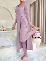 Conjunto de Dos Piezas de Punto Acanalado para Mujer, Top Túnica de Manga Larga con Cuello Redondo y Abertura Lateral, Pantalones Anchos, Atuendo Informal para Descansar