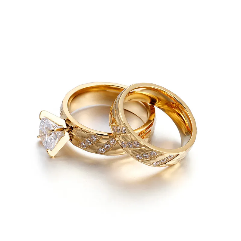 6mm 18K Gold Diamond Titanium Steel Couple Rings Lovers Micro Set Diamond Ring Lovers Pair Rings