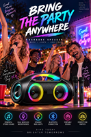 Boombox portable haute puissance avec lumières LED colorées, basses profondes et 2 micros sans fil pour karaoké et soirées