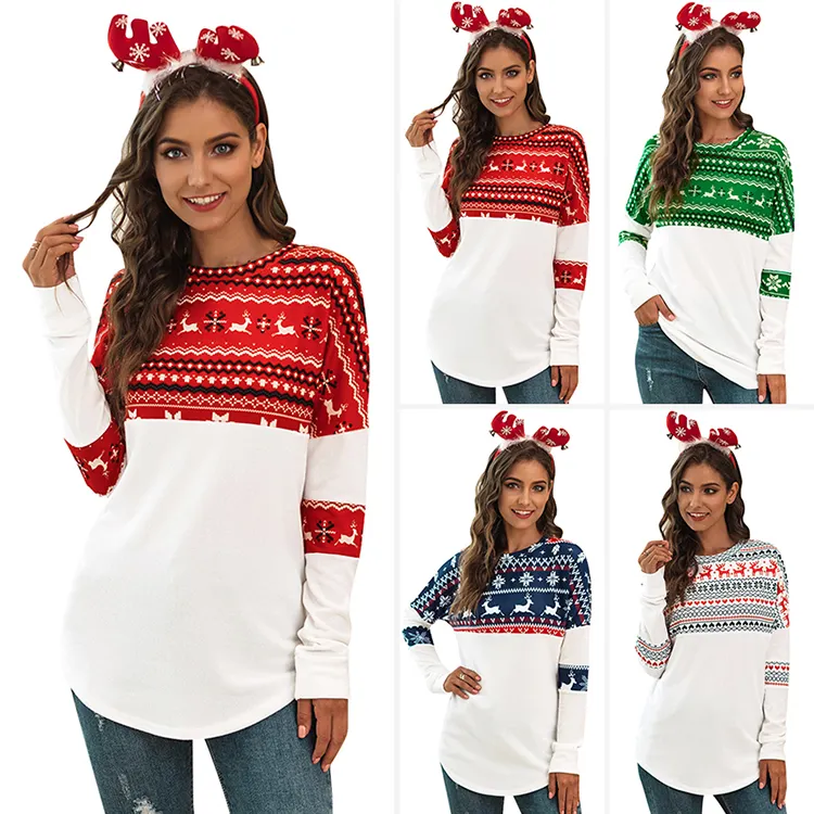 2019 Wholesale Women Girls Boutique Christmas T Shirts Print Elk Floral Style Long Sleeve Fashion Design Top Blouse