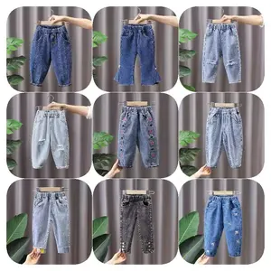 Kinderkleding Groothandel Kleine Meisjes Nieuwe Bedrukte Jeans Elastische Taille Lange Casual Denim